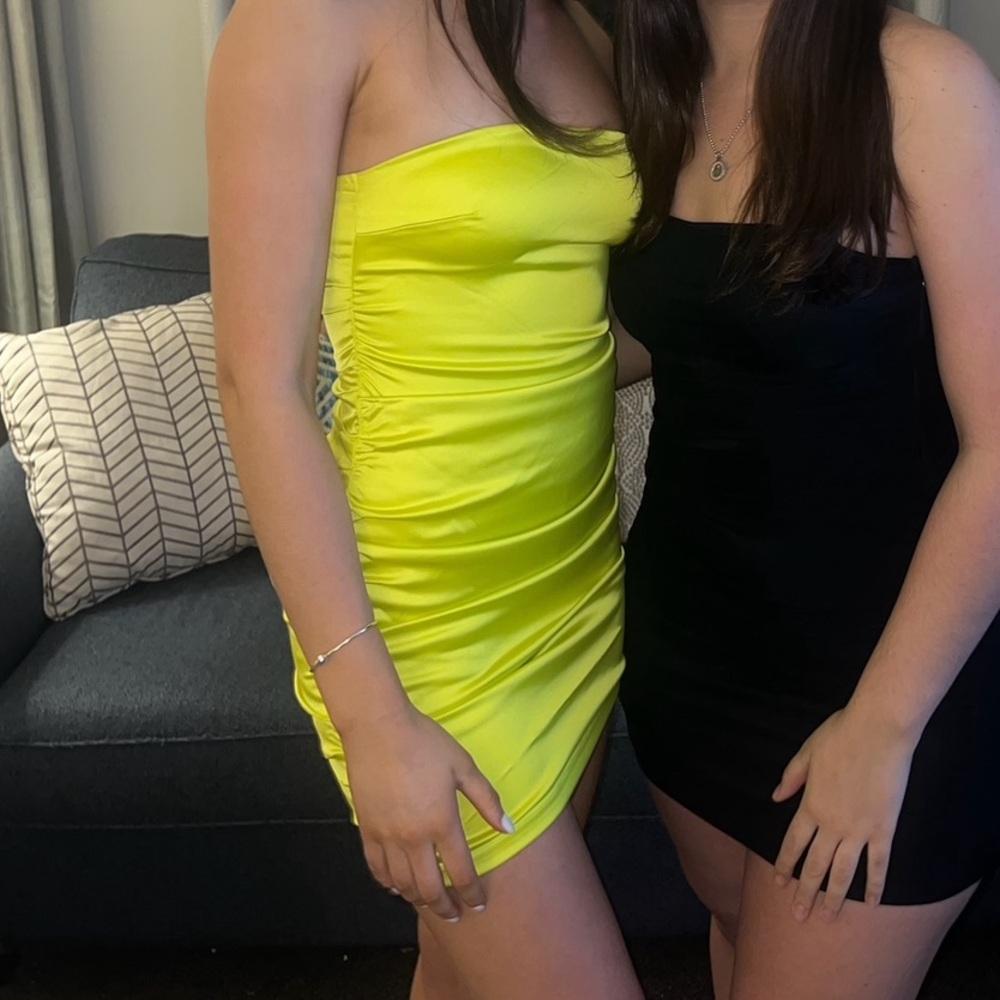 Meshki yellow-green satin mini dress
